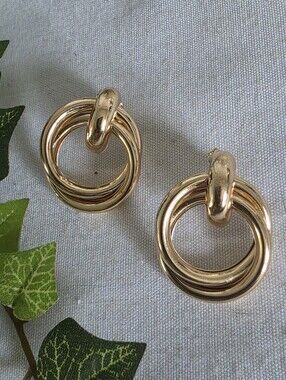 Gold Double Hoop Post Earrings New